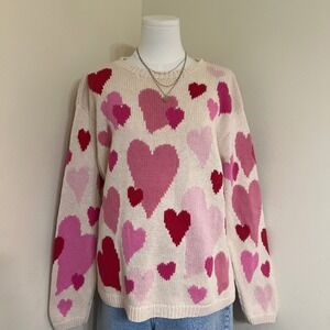 Talbots Hand Knit Heart Sweater Womens XL Linen Cotton Pink Red Cream Pullover